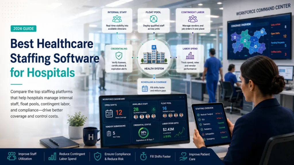 Hospital workforce manager using staffing software to monitor internal staff, float pools, contingent labor, compliance, and open shifts.